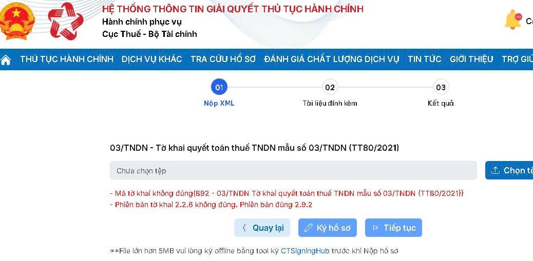 Phiên bản tờ khai 2.2.6 không đúng Phiên bản đúng 2.9.2