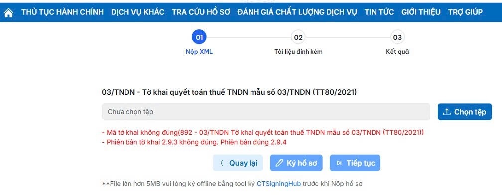 Phiên bản tờ khai 2.9.3 không đúng. Phiên bản đúng 2.9.4