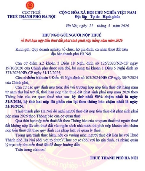 Thư ngỏ về thời hạn nộp tiền thuê đất phát sinh hằng năm năm 2026 của Thuế TP Hà Nội
