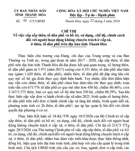 Chỉ thị 05 sắp xếp thôn tổ dân phố tỉnh Thanh Hóa năm 2026