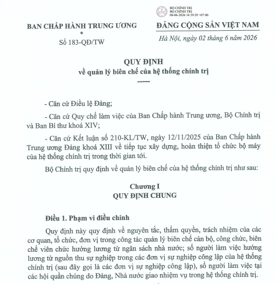 Quy định 183-QĐ/TW năm 2026 quản lý biên chế của hệ thống chính trị