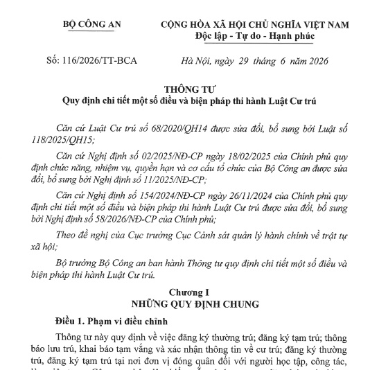 Thông tư 116/2026/TT-BCA hướng dẫn Luật Cư trú