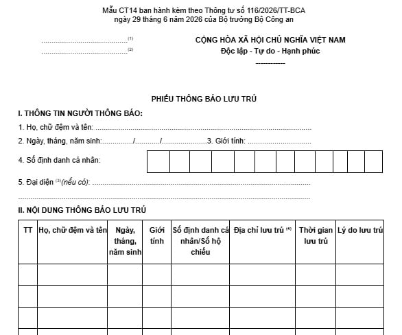 Mẫu CT14 Phiếu thông báo lưu trú mới nhất 2026