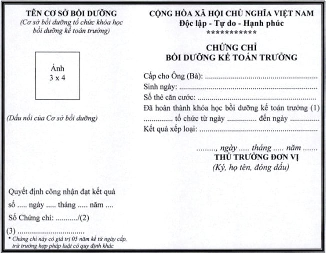 Mẫu Chứng chỉ bồi dưỡng Kế toán trưởng từ 1/1/2027