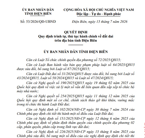 Thủ tục hành chính về đất đai mới nhất tỉnh ĐIỆN BIÊN từ 1/8/2026