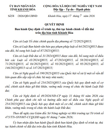 Thủ tục đất đai tỉnh KHÁNH HÒA từ 17/7/2026