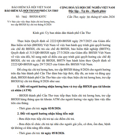 Công văn 7802 chi trả trợ cấp bảo hiểm xã hội tháng 8/2026