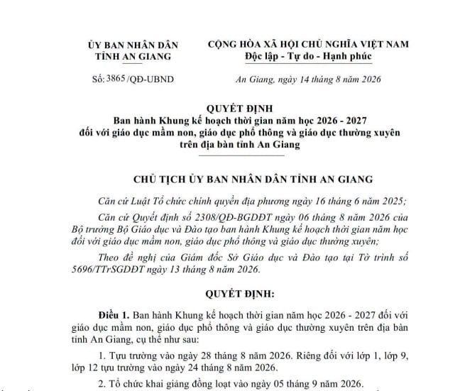 Quyết định 3865/QĐ-UBND 2026 An Giang về khung kế hoạch thời gian năm học 2026 - 2027