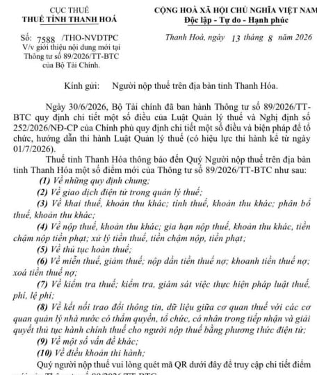 Công văn 7588/THO-NVDTPC điểm mới Thông tư 89/2026/TT-BTC