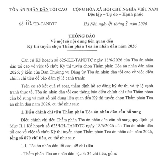 Thông báo 881/TB-TANDTC nội dung kỳ thi tuyển chọn Thẩm phán Tòa án nhân dân năm 2026