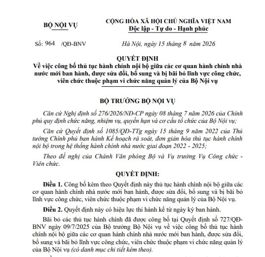 Quyết định 964/QĐ-BNV năm 2026 Công bố thủ tục hành chính nội bộ lĩnh vực công chức, viên chức