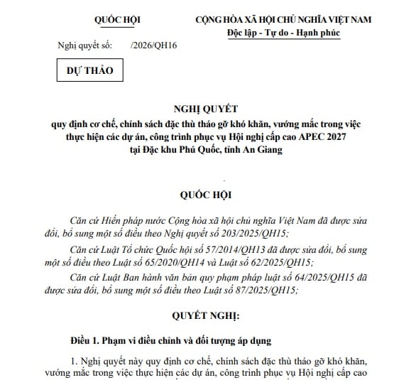 Dự thảo Nghị quyết cơ chế chính sách đặc thù cho dự án phục vụ APEC 2027 tại Phú Quốc