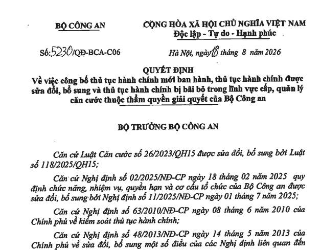 Quyết định 5230/QĐ-BCA-C06 2026 Công bố TTHC lĩnh vực cấp, quản lý căn cước