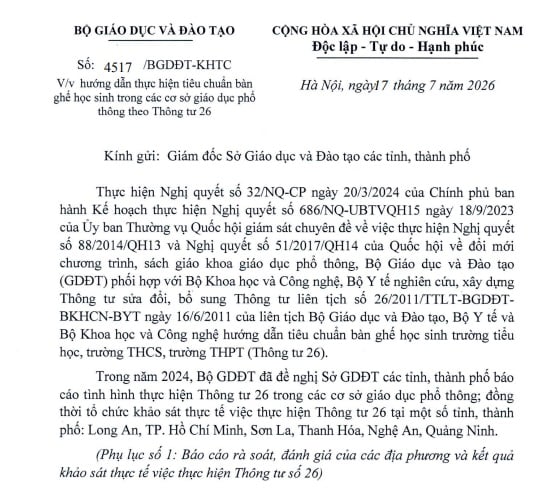 Công văn 4517 hướng dẫn tiêu chuẩn bàn ghế học sinh theo Thông tư 26