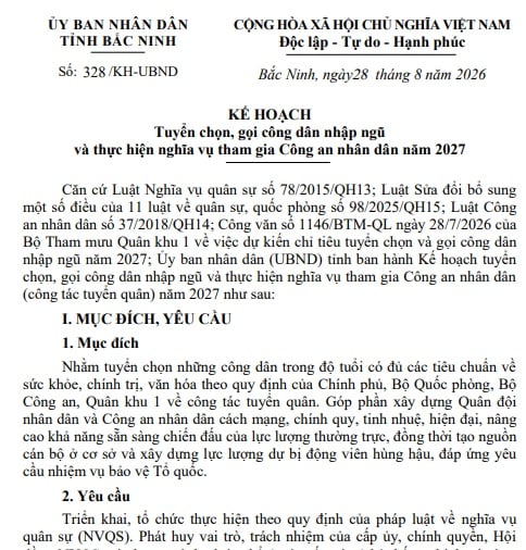 Kế hoạch 328/KH-UBND Bắc Ninh về nghĩa vụ công an 2027