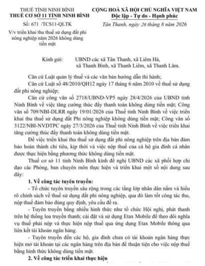 Công văn 671/TCS11-QLTK Ninh Bình triển khai thu thuế sử dụng đất phi nông nghiệp năm 2026 không dùng tiền mặt