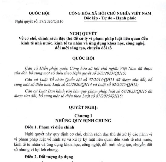 Nghị quyết 37/2026/QH16 về cơ chế đặc thù xử lý vi phạm pháp luật trong kinh tế nhà nước, kinh tế tư nhân