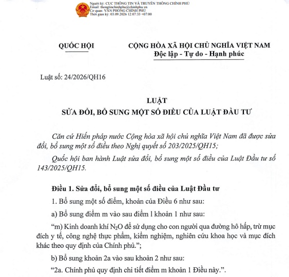 Luật sửa đổi Luật Đầu tư 2026 Luật số 24/2026/QH16