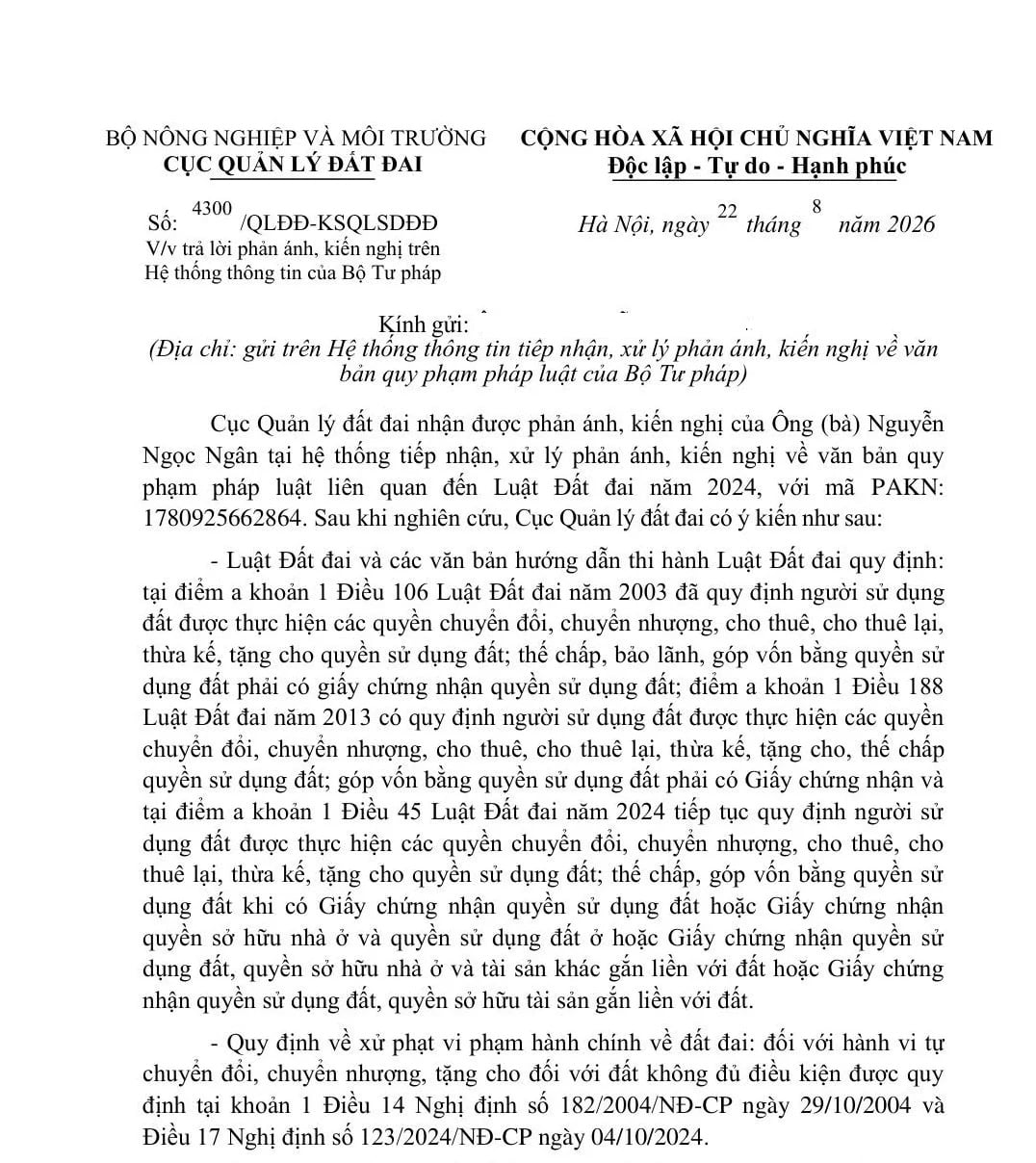 Công văn 4300 QLĐĐ KSQLSDĐĐ không xử phạt hành vi chuyển nhượng đất không có sổ đỏ trước ngày 01/7/2004