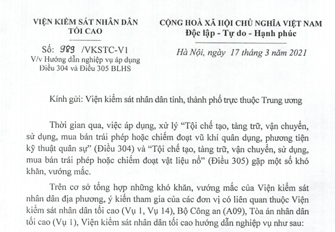 Hướng dẫn áp dụng Điều 304 và Điều 305 BLHS của VKSNDTC