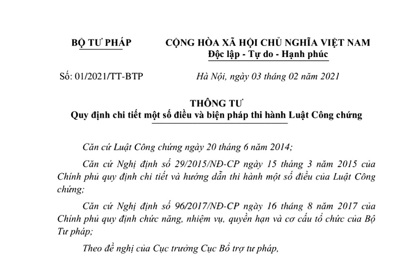 Mới: Thông tư 01/2021/TT-BTP hướng dẫn Luật Công chứng