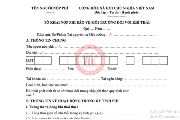 mẫu tờ khai nộp phí bảo vệ môi trường đối với khí thải