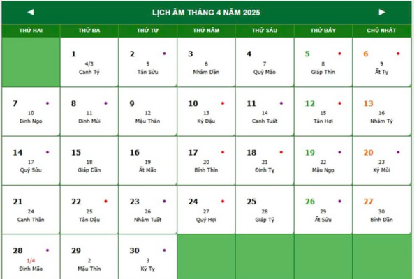 lịch âm tháng 4 năm 2025