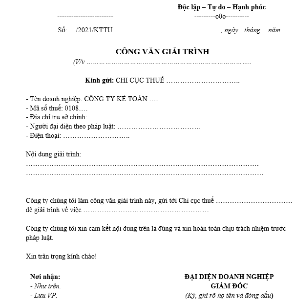 mẫu văn bản giải trình thuế