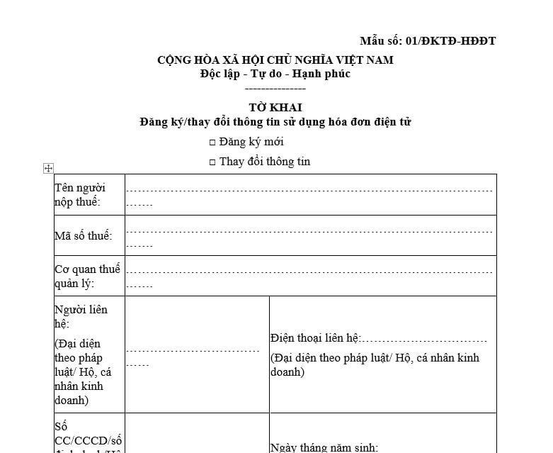 mẫu tờ khai đăng ký sử dụng hóa đơn điện tử 