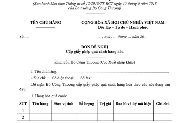 Mẫu đơn đề nghị cấp Giấy phép quá cảnh hàng hóa năm 2025