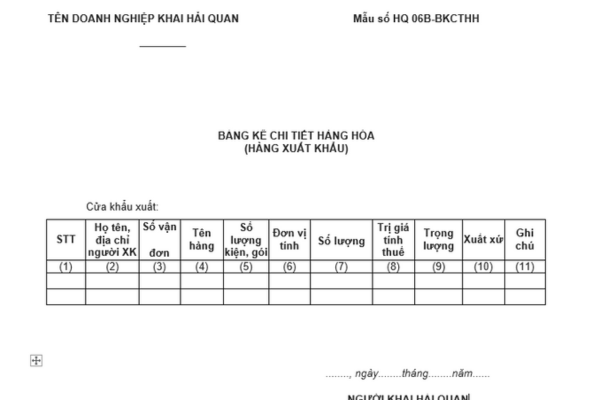 Tải về mẫu Bảng kê chi tiết hàng hóa (hàng xuất khẩu) mới nhất 2025