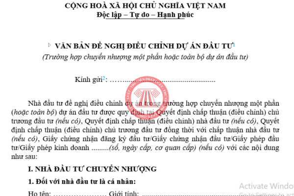 Mẫu văn bản đề nghị điều chỉnh dự án đầu tư (Trường hợp chuyển nhượng một phần hoặc toàn bộ dự án đầu tư) mới nhất 2025