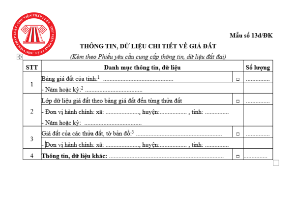 Mẫu đơn thông tin, dữ liệu chi tiết về giá đất mới nhất Mẫu số 13d ĐK