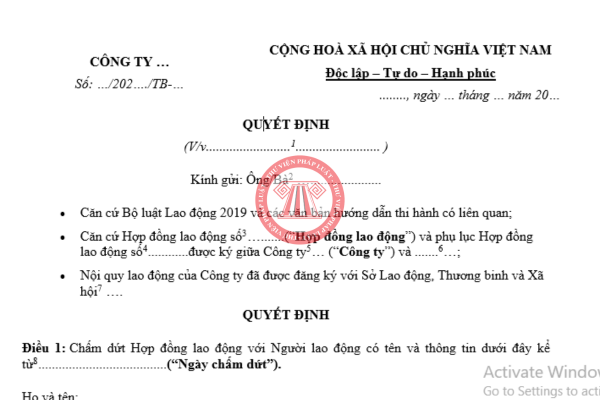 Mẫu quyết định đơn phương chấm dứt hợp đồng lao động 2025