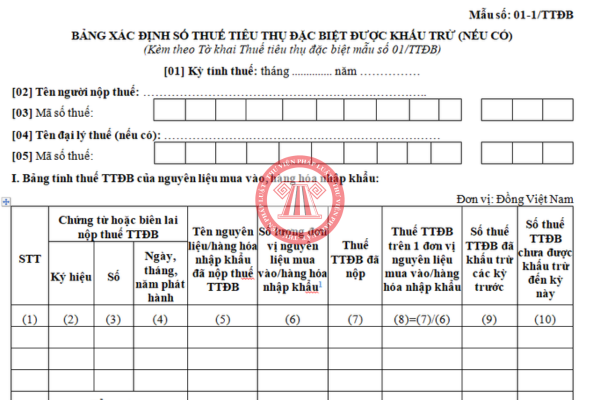 Mẫu bảng xác định số thuế tiêu thụ đặc biệt được khấu trừ mới nhất 2025