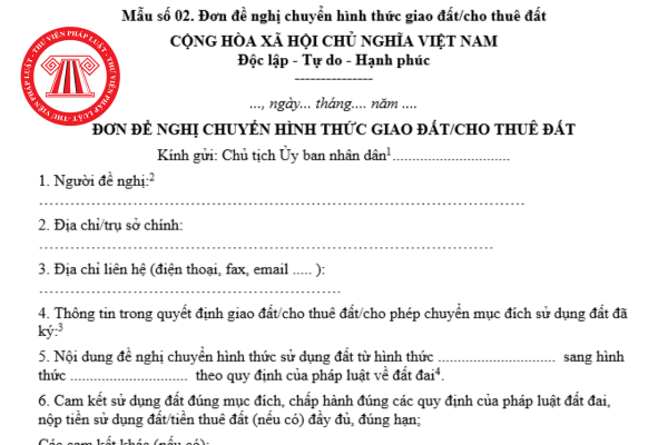 Đơn đề nghị chuyển hình thức giao đất/cho thuê đất từ ngày 01/07/2025