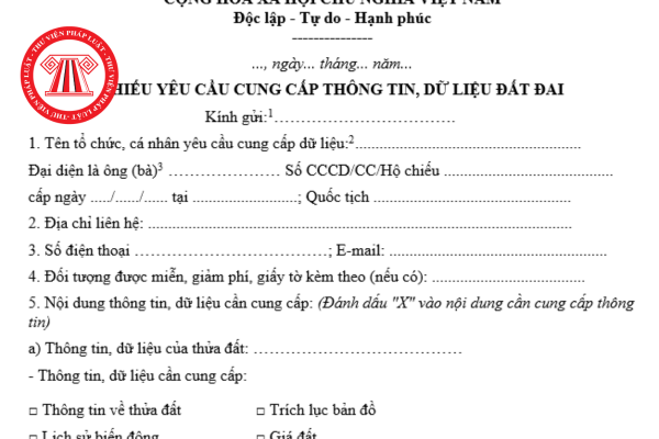 Tải về phiếu yêu cầu cung cấp thông tin, dữ liệu đất đai từ ngày 01/07/2025