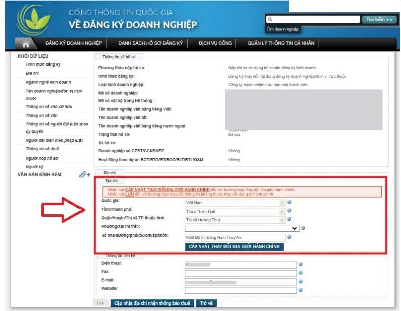 cập nhật địa chỉ doanh nghiệp