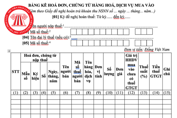 Tải về bảng kê hoá đơn, chứng từ hàng hoá, dịch vụ mua vào 2025