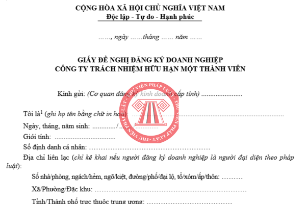 Tải về file word giấy đề nghị đăng ký doanh nghiệp cho công ty TNHH 1 TV theo thông tư 68