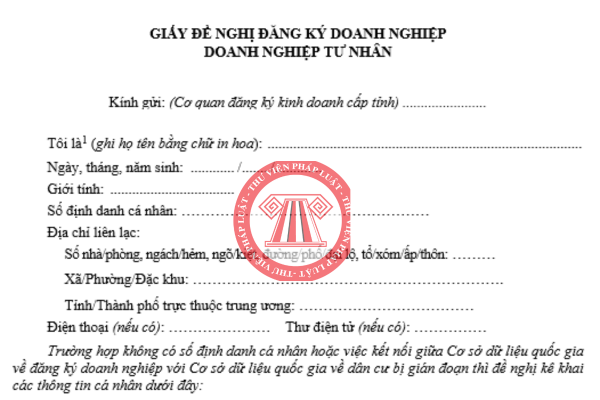 Tải về file word giấy đề nghị đăng ký doanh nghiệp tư nhân mới nhất theo thông tư 68