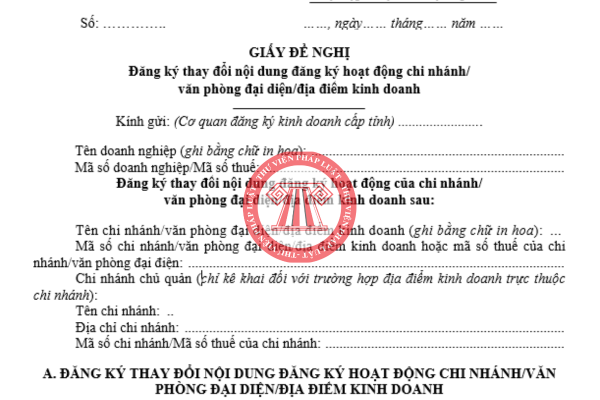 Tải về giấy đề nghị thay đổi nội dung đăng ký hoạt động địa điểm kinh doanh theo thông tư 68