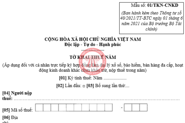 Mẫu tờ khai thuế năm đối với cá nhân sau sáp nhập (kèm hướng dẫn kê khai)