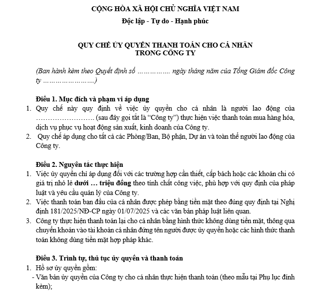 mẫu quy chế tài chính ủy quyền thanh toán