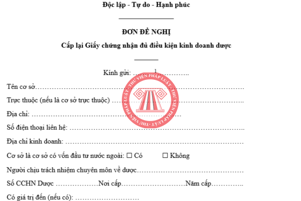 Tải về file word đơn đề nghị cấp lại Giấy chứng nhận đủ điều kiện kinh doanh dược theo Nghị định 163