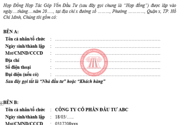 Mẫu hợp đồng hợp tác góp vốn đầu tư 2025