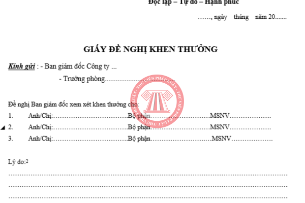 Tải về file word mẫu đề xuất khen thưởng cho nhân viên mới nhất 2025