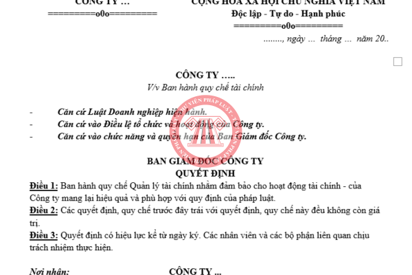 Tải về mẫu quy chế tài chính công ty TNHH mới nhất hiện nay
