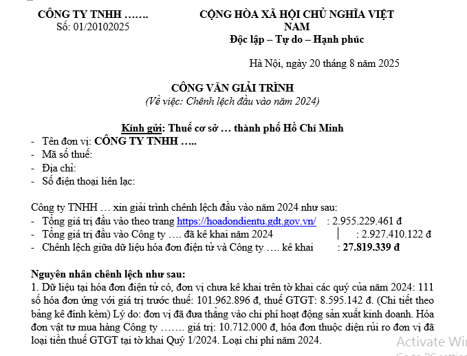 Mẫu công văn giải trình chệnh đầu vào