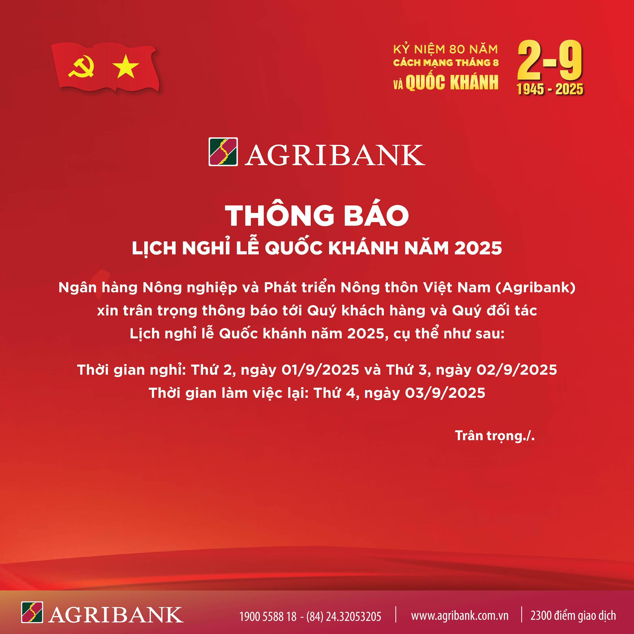 Lịch nghỉ Agribank
